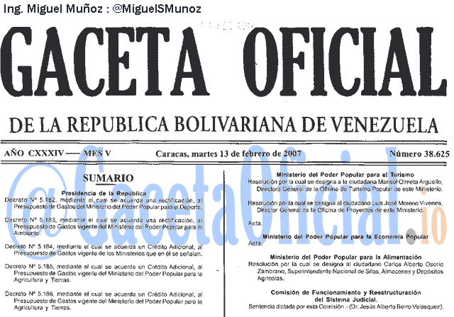 Gaceta Oficial 38625 del 13 Febrero 2007
