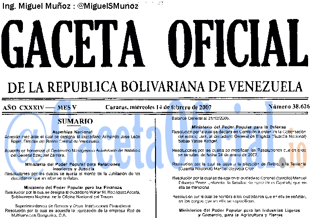 Gaceta Oficial 38626 del 14 Febrero 2007