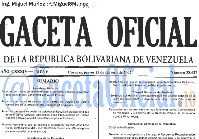Gaceta Oficial 38627 del 15 Febrero 2007