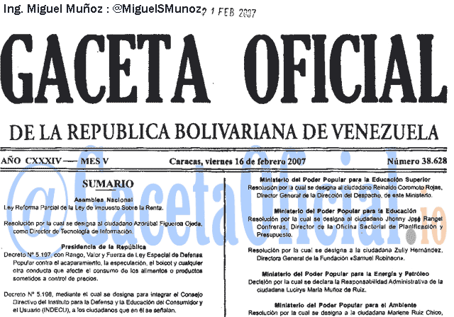 Gaceta Oficial 38628 del 16 Febrero 2007