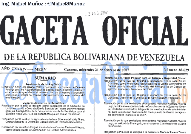Gaceta Oficial 38629 del 21 Febrero 2007