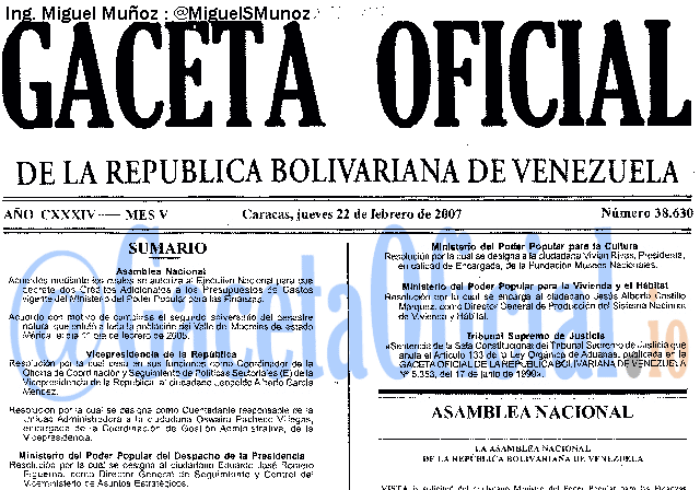 Gaceta Oficial 38630 del 22 Febrero 2007