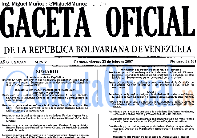 Gaceta Oficial 38631 del 23 Febrero 2007