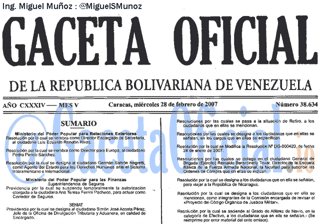 Gaceta Oficial 38634 del 28 Febrero 2007