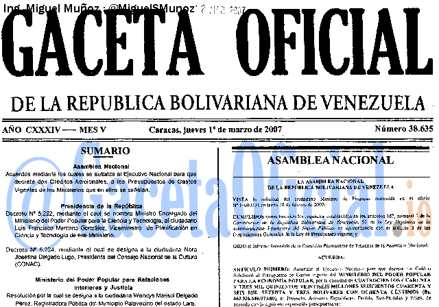 Gaceta Oficial 38635 del 1 Marzo 2007