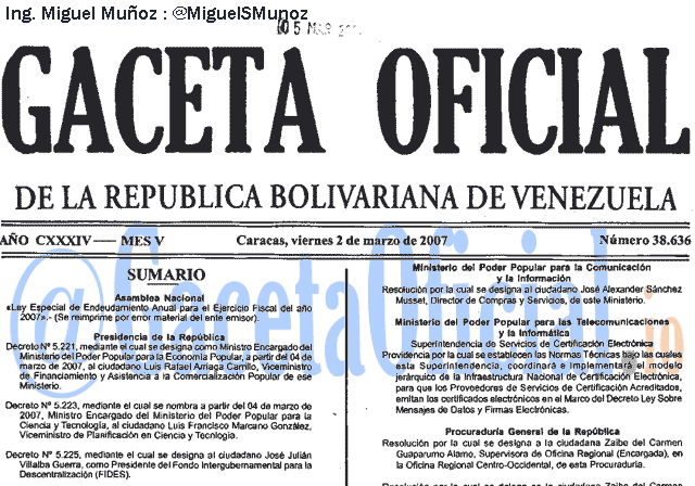 Gaceta Oficial 38636 del 2 Marzo 2007