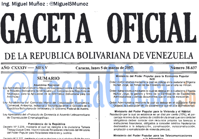 Gaceta Oficial 38637 del 5 Marzo 2007