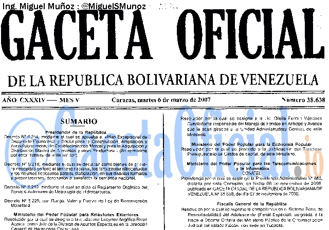 Gaceta Oficial 38638 del 6 Marzo 2007