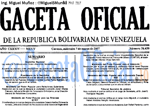 Gaceta Oficial 38639 del 7 Marzo 2007