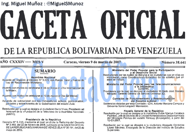 Gaceta Oficial 38641 del 9 Marzo 2007