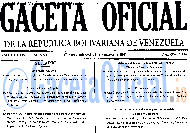 Gaceta Oficial 38644 del 14 Marzo 2007