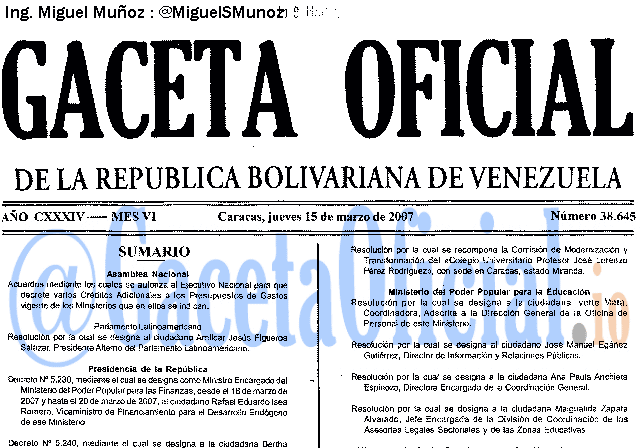 Gaceta Oficial 38645 del 15 Marzo 2007