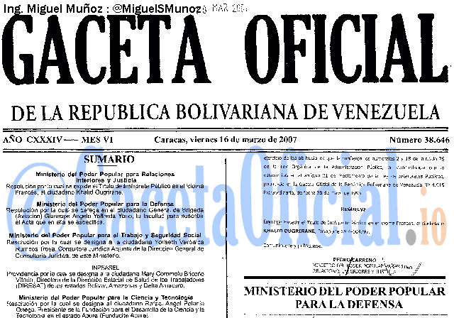 Gaceta Oficial 38646 del 16 Marzo 2007