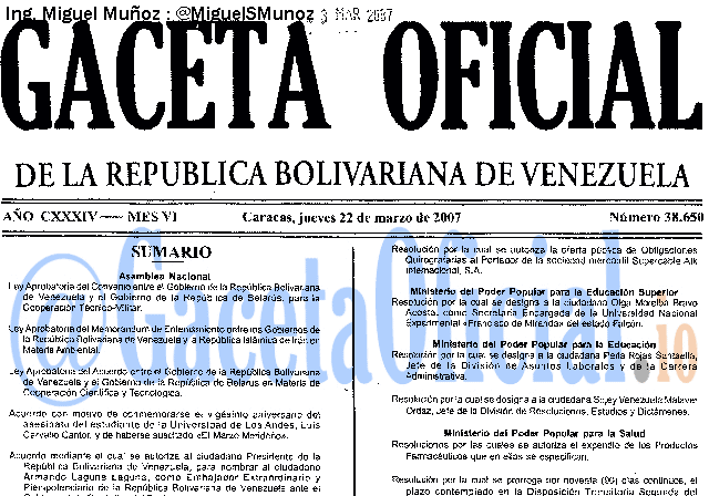 Gaceta Oficial 38650 del 22 Marzo 2007