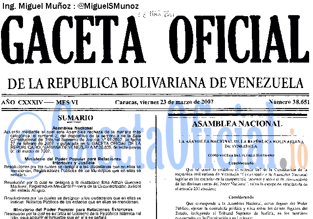 Gaceta Oficial 38651 del 23 Marzo 2007