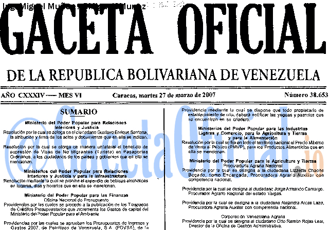 Gaceta Oficial 38653 del 27 Marzo 2007