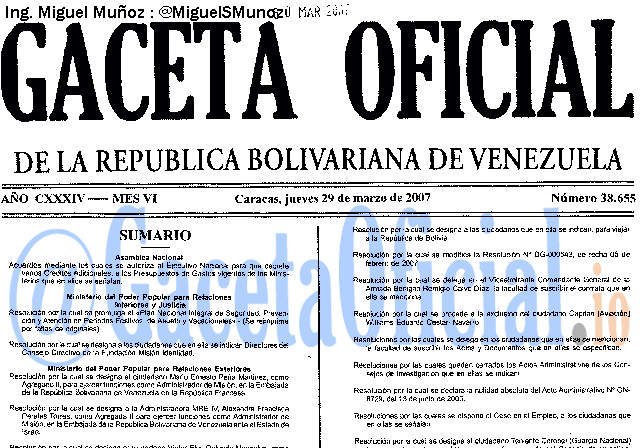 Gaceta Oficial 38655 del 29 Marzo 2007