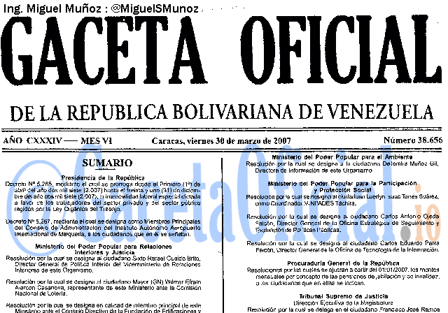 Gaceta Oficial 38656 del 30 Marzo 2007