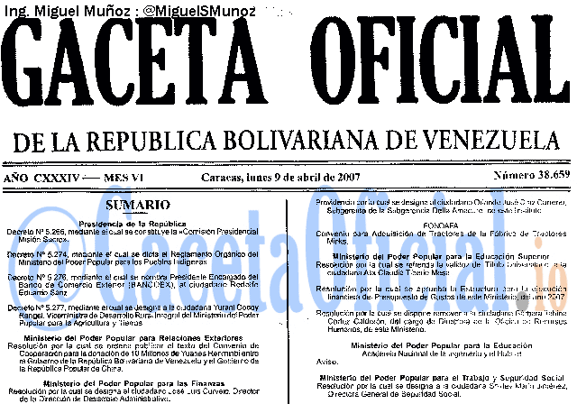 Gaceta Oficial 38659 del 9 Abril 2007
