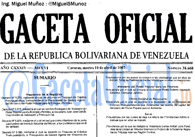 Gaceta Oficial 38660 del 10 Abril 2007