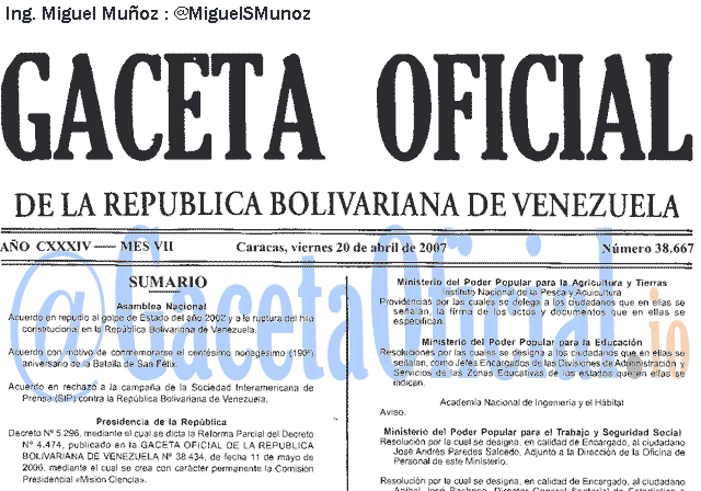 Gaceta Oficial 38667 del 20 Abril 2007