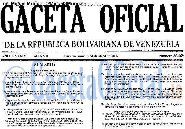 Gaceta Oficial 38669 del 24 Abril 2007