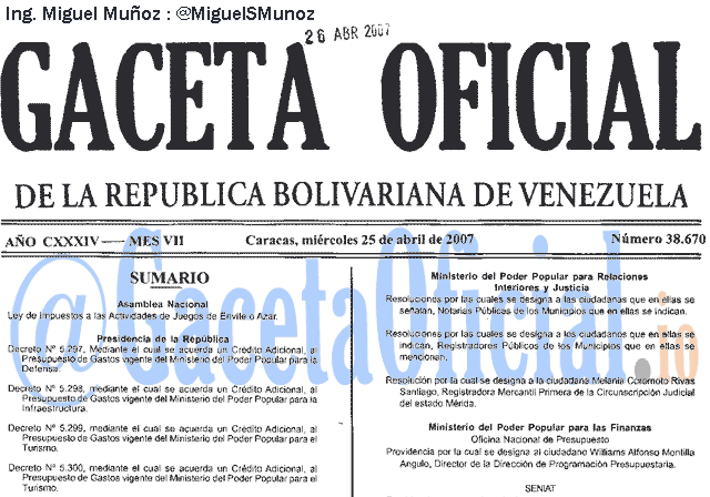 Gaceta Oficial 38670 del 25 Abril 2007