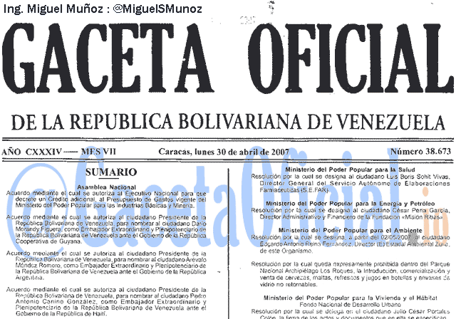 Gaceta Oficial 38673 del 30 Abril 2007