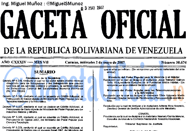 Gaceta Oficial 38674 del 2 Mayo 2007