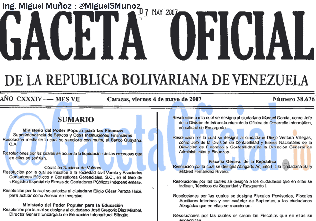 Gaceta Oficial 38676 del 4 Mayo 2007