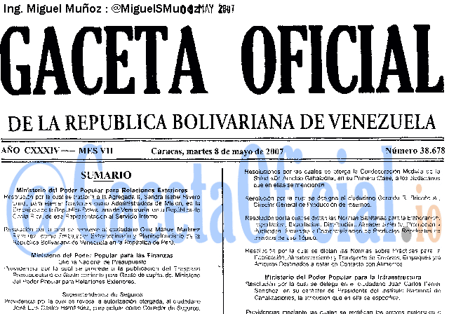 Gaceta Oficial 38678 del 8 Mayo 2007