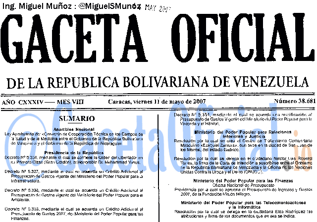 Gaceta Oficial 38681 del 11 Mayo 2007