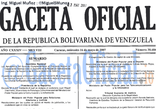 Gaceta Oficial 38684 del 16 Mayo 2007