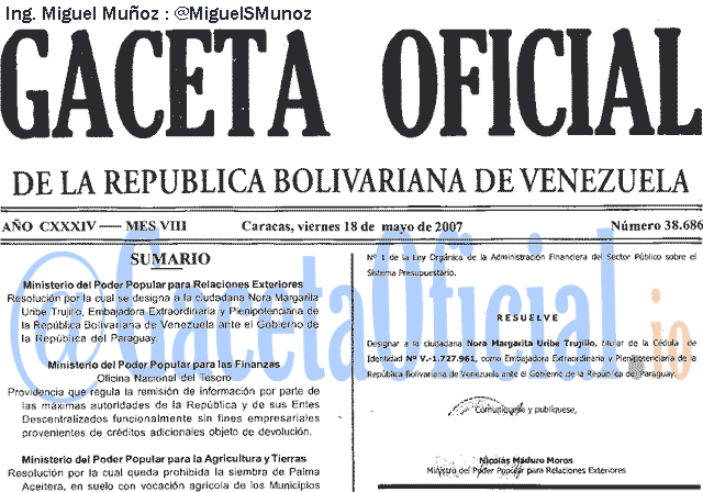 Gaceta Oficial 38686 del 18 Mayo 2007