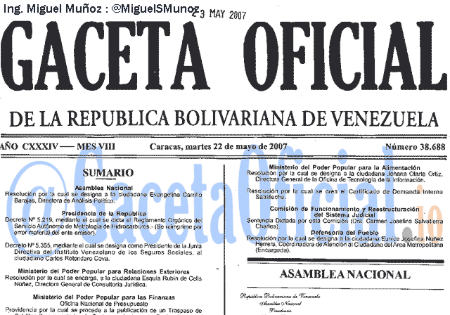 Gaceta Oficial 38688 del 22 Mayo 2007