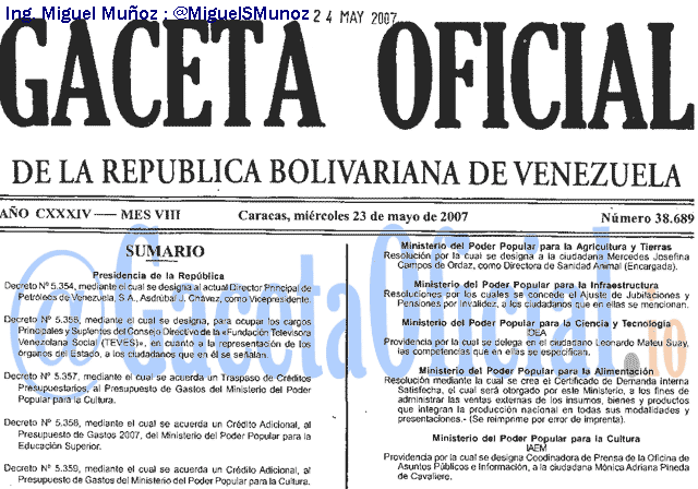 Gaceta Oficial 38689 del 23 Mayo 2007