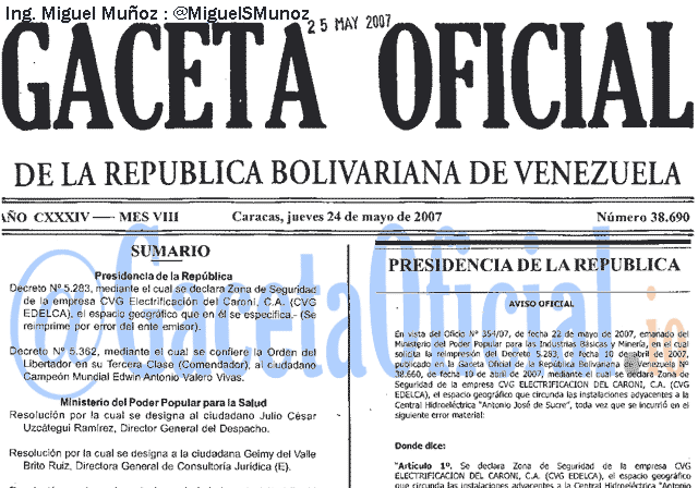 Gaceta Oficial 38690 del 24 Mayo 2007