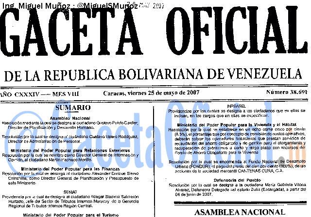 Gaceta Oficial 38691 del 25 Mayo 2007