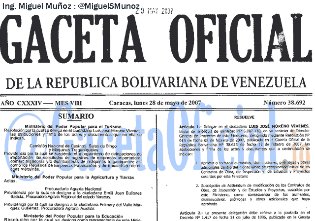 Gaceta Oficial 38692 del 28 Mayo 2007