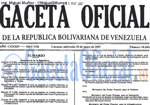 Gaceta Oficial 38694 del 30 Mayo 2007