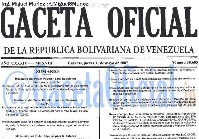 Gaceta Oficial 38695 del 31 Mayo 2007