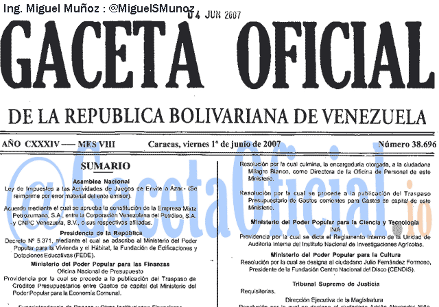 Gaceta Oficial 38696 del 1 Junio 2007