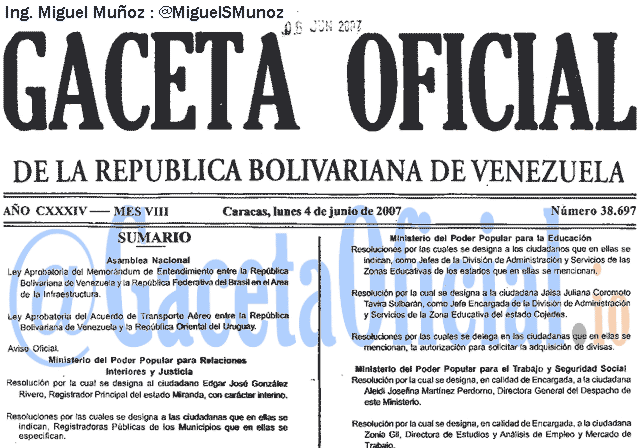 Gaceta Oficial 38697 del 4 Junio 2007