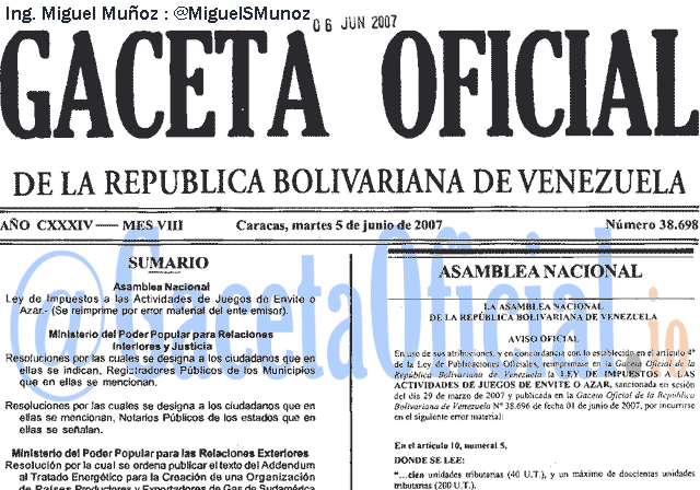 Gaceta Oficial 38698 del 5 Junio 2007