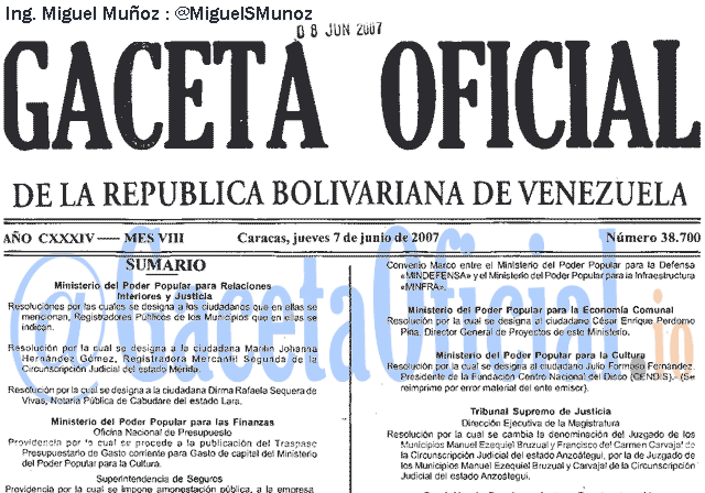 Gaceta Oficial 38700 del 7 Junio 2007