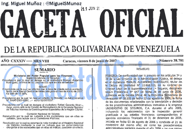 Gaceta Oficial 38701 del 8 Junio 2007