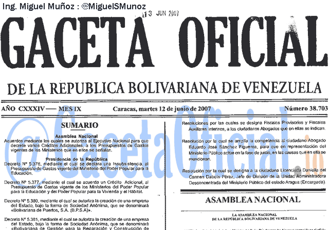 Gaceta Oficial 38703 del 12 Junio 2007