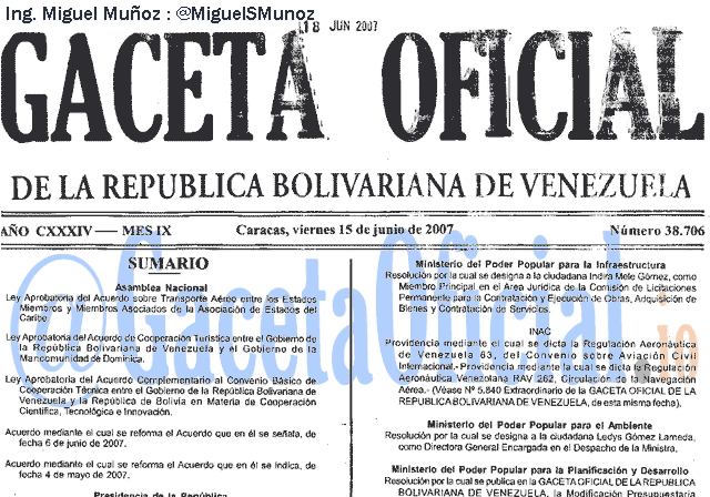 Gaceta Oficial 38706 del 15 Junio 2007