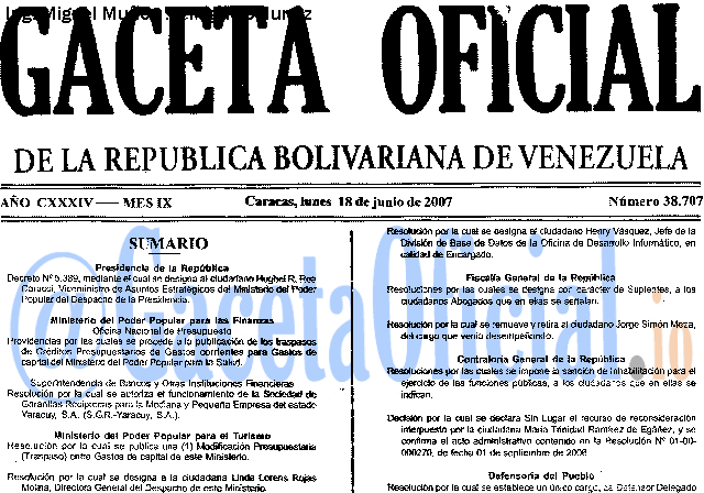 Gaceta Oficial 38707 del 18 Junio 2007