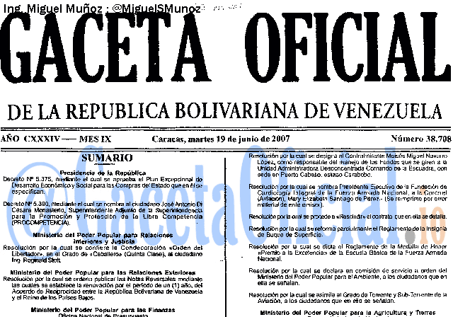 Gaceta Oficial 38708 del 19 Junio 2007